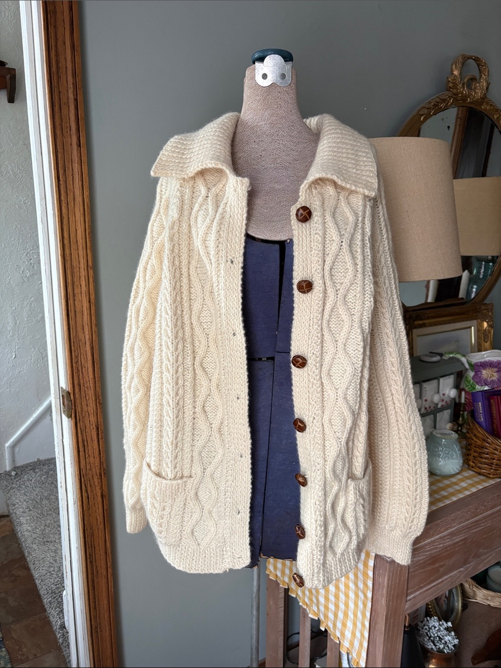 Vintage wool Cable Knit Button-Up Sweater